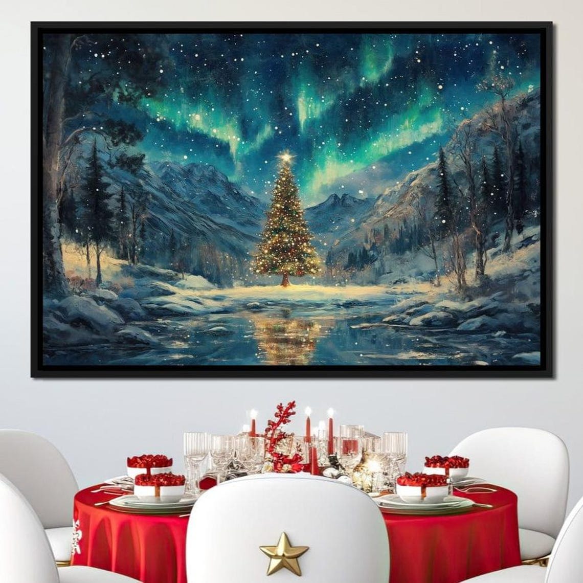 Lit Christmas Tree Under Aurora Northern Lights Mountains Poster - Image 2
