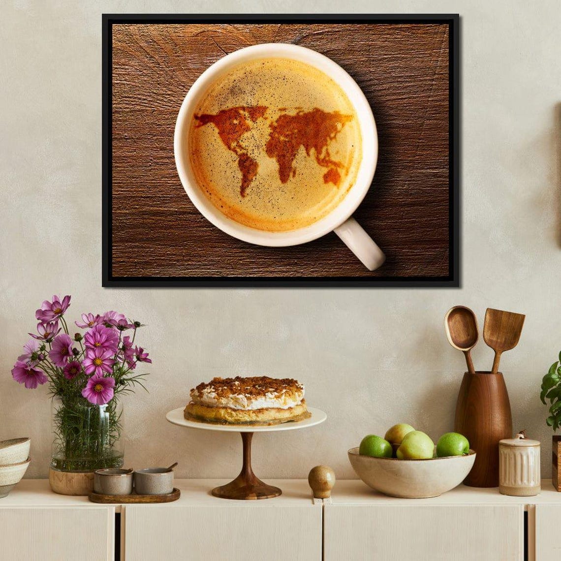 World Map Latte Art Coffee Cup Top View Kitchen Cafe Decor Wall Poster