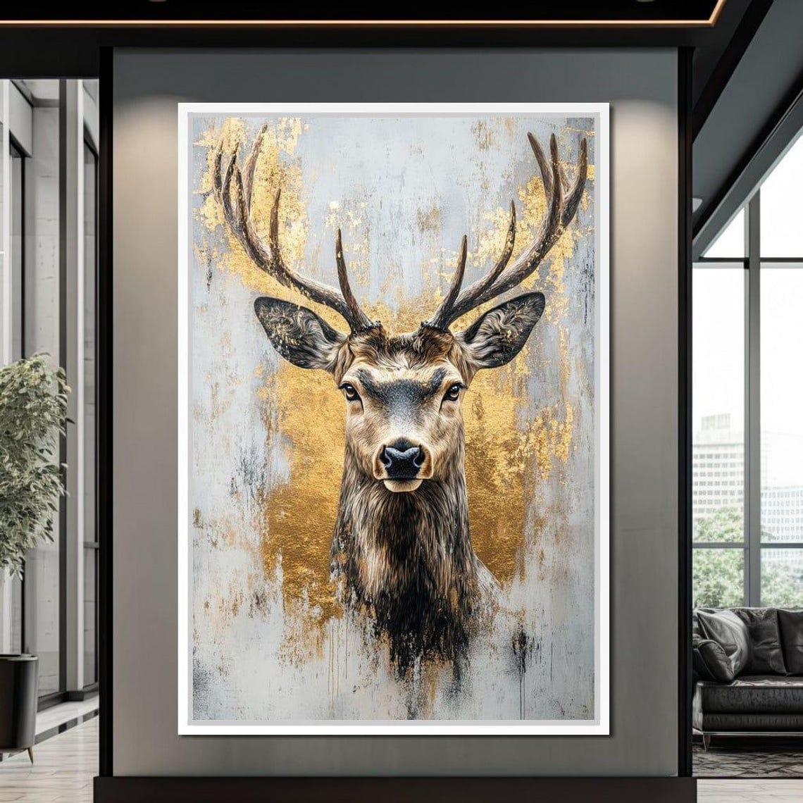 Golden Deer Stag Portrait Gold Leaf Background Elegant Wildlife Poster - Image 3