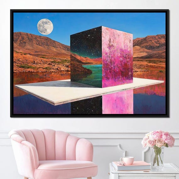 Celestial Pink Cube Surreal Cosmic Home Decor Modern Wall Art Psychedelic Fantasy Scene Vibrant Cube By Nichecanvas