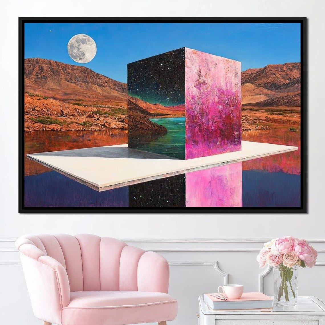 Celestial Pink Cube Surreal Cosmic Home Decor Modern Wall Art Psychedelic Fantasy Scene Vibrant Cube By Nichecanvas