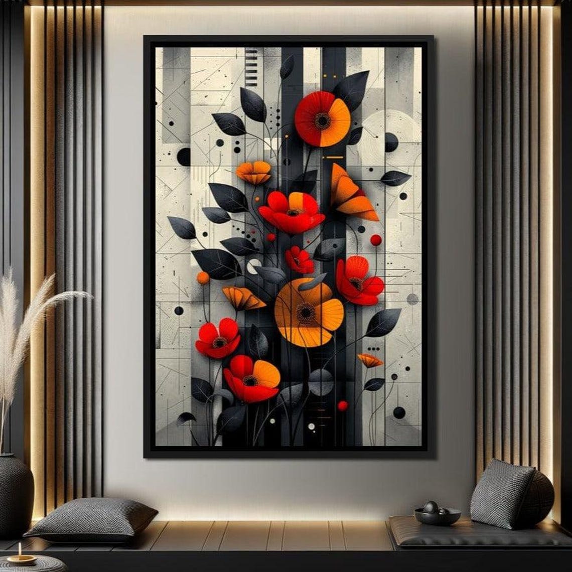 Bold Geometric Red Poppy Flowers Abstract Modern Floral Wall Art