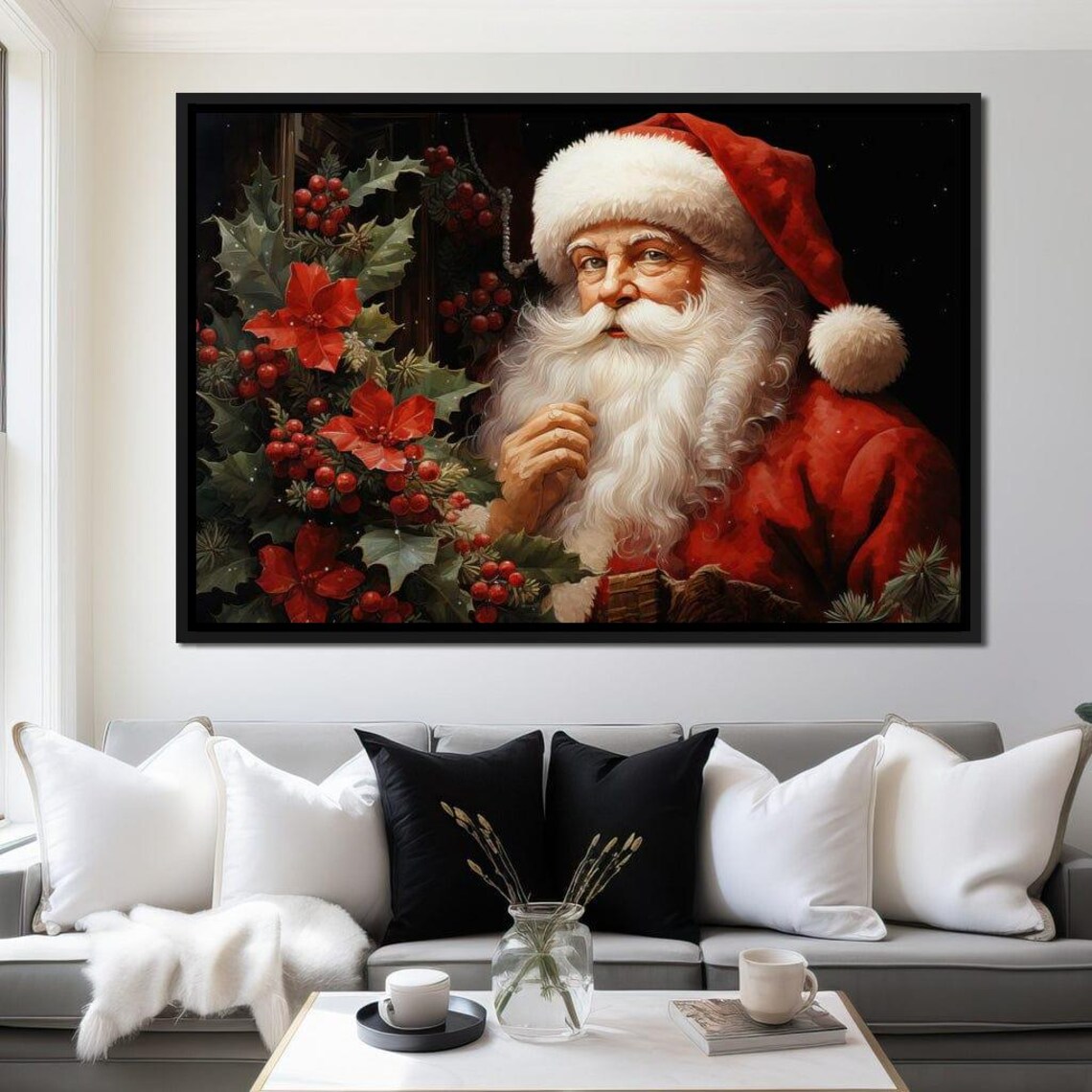 Vintage Santa Claus Portrait Poinsettia Holly Festive Christmas Poster - Image 2