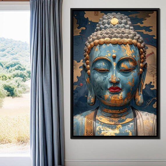 Blue Buddha Statue Gold Details Navy Background Peaceful Zen Art Poster