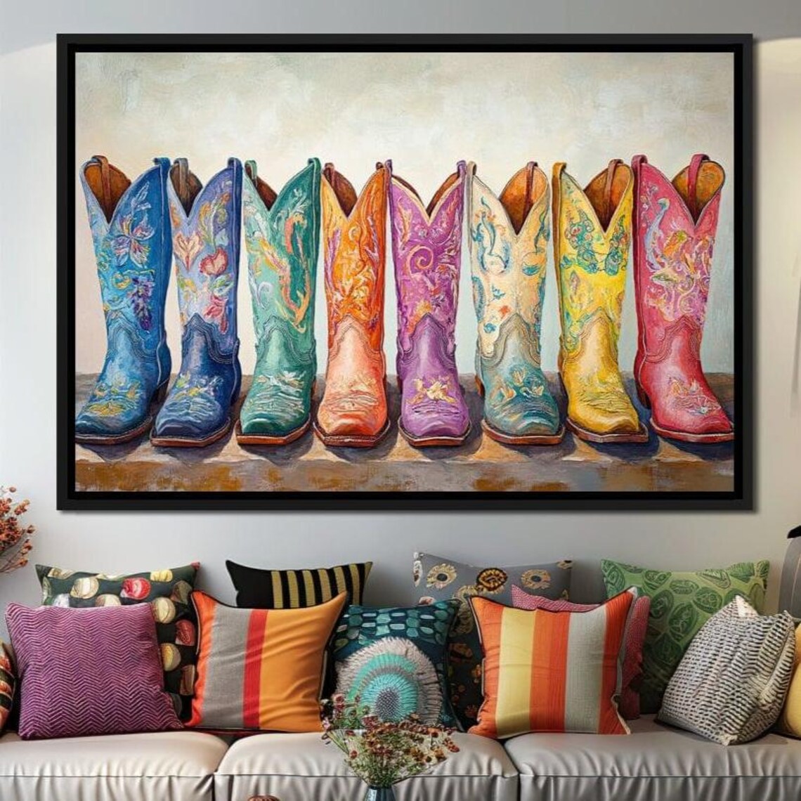 Western Boot Parade, Colorful Rustic Texas Art Print