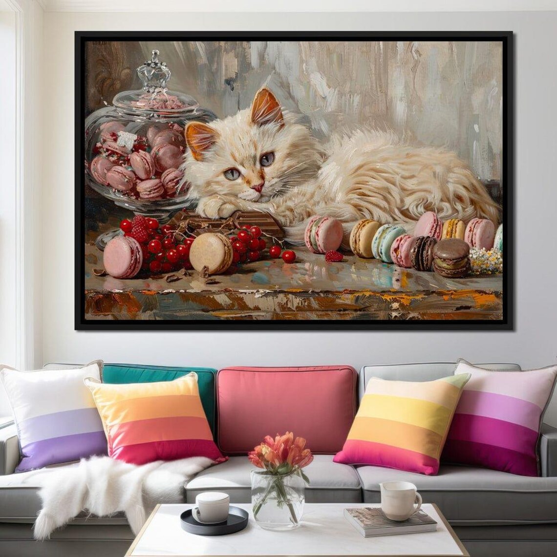 Fluffy White Cat Macaron Dessert Oil Painting Sweet Whimsical Animal Wall Poster - Image 2