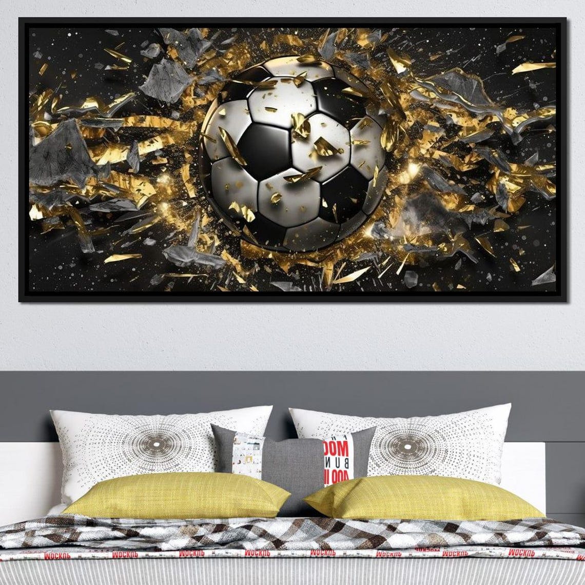 Soccer Ball Shattering Gold Multi Panel Canvas Sports Wall Art Poster - Image 3