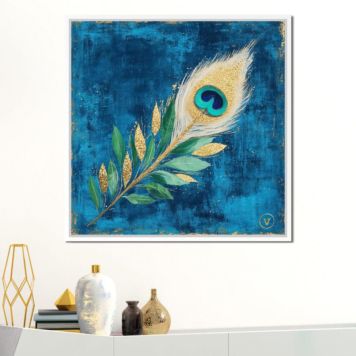 Golden Peacock Feather With Green Leaves On Turquoise Canvas Wall Art