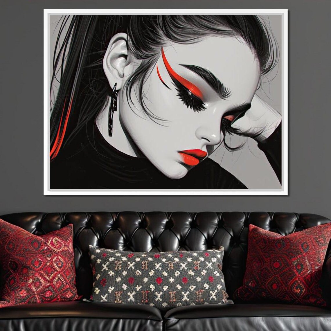 Japanese Geisha Style Woman Red Black Graphic Portrait Wall Art Print - Image 3