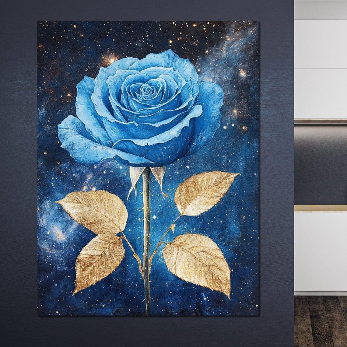 Blue Rose Gold Leaves Galaxy Starry Night Cosmic Botanical Art Poster - Image 3