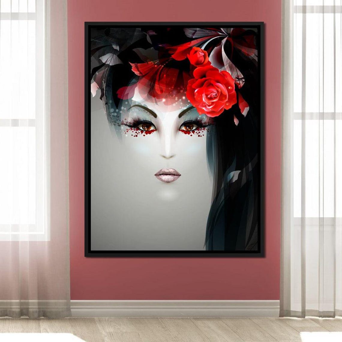 Geisha Rose Noir Dramatic Red Black Asian Beauty Portrait Wall Art - Image 2