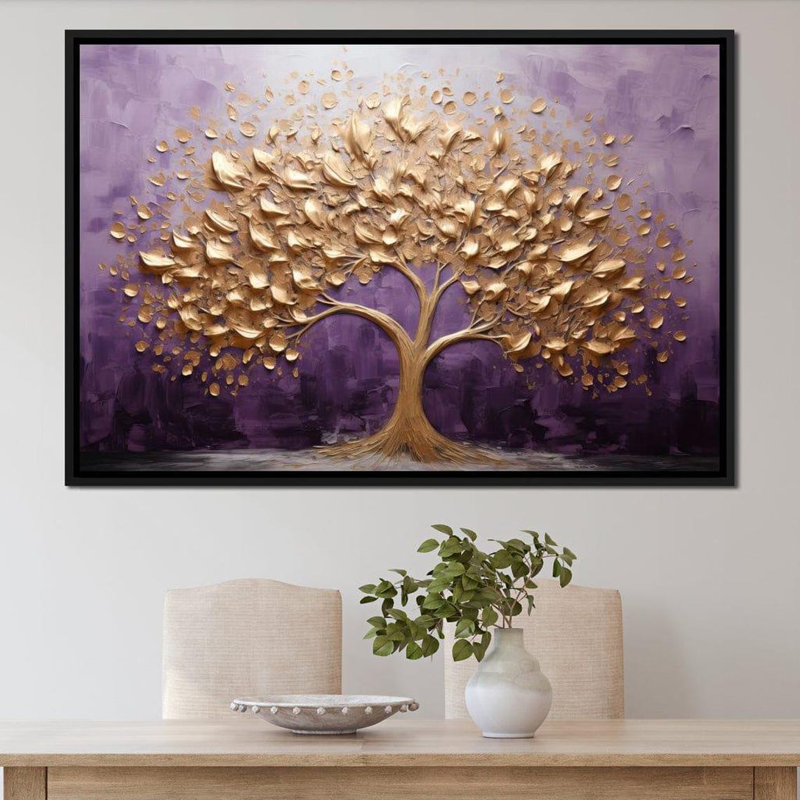 Golden Tree Purple Twilight Blooming Leaves Abstract Wall Art Poster - Image 4