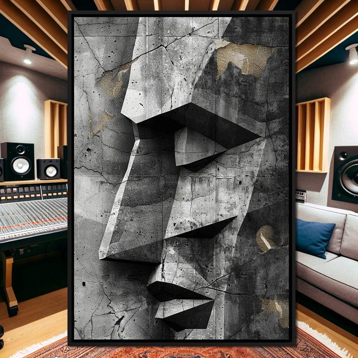 Monochrome Geometric Stone Face Cracked Concrete Texture Art Poster