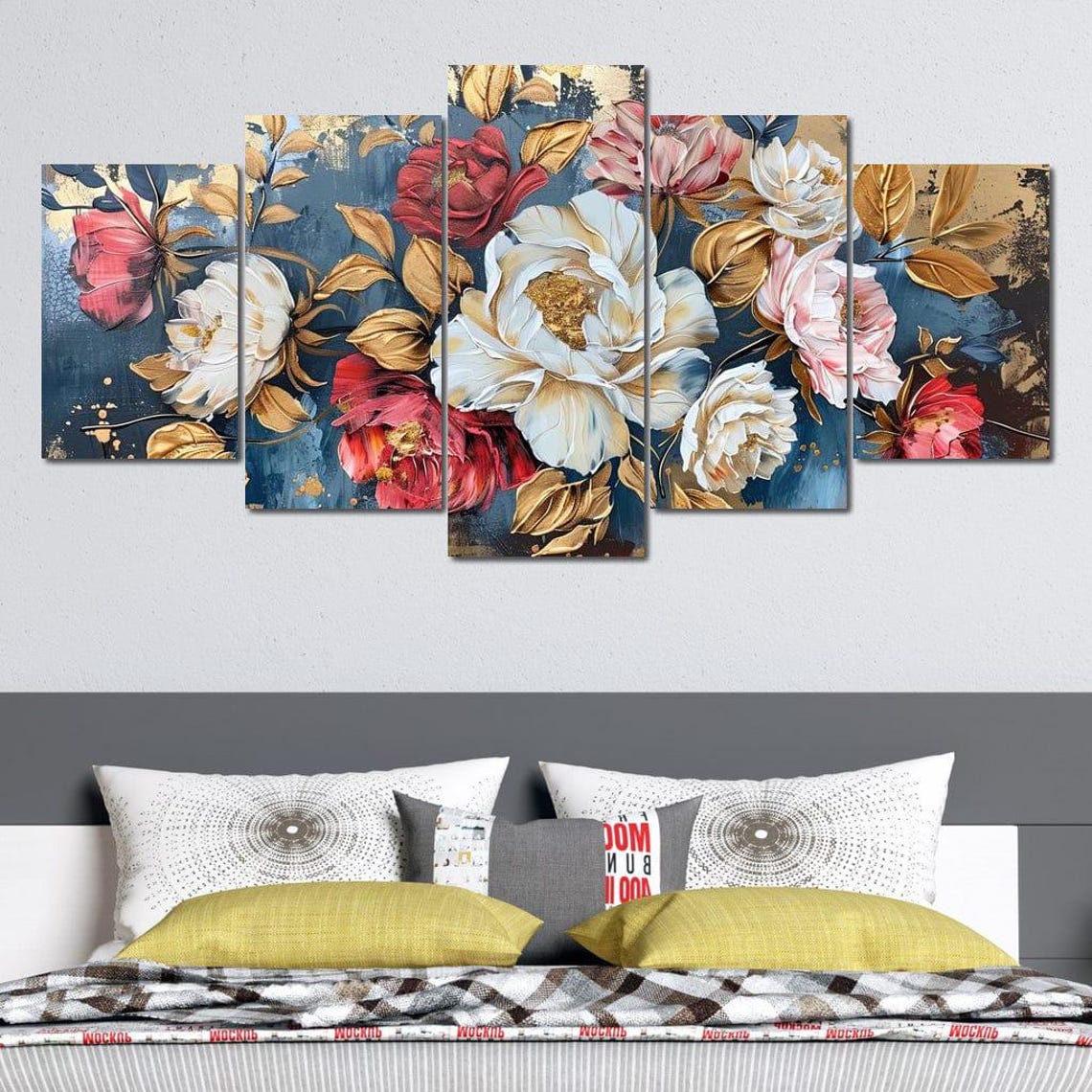 Red White Pink Peonies Gold Leaves On Blue Panoramic Wall Art Poster - Image 4