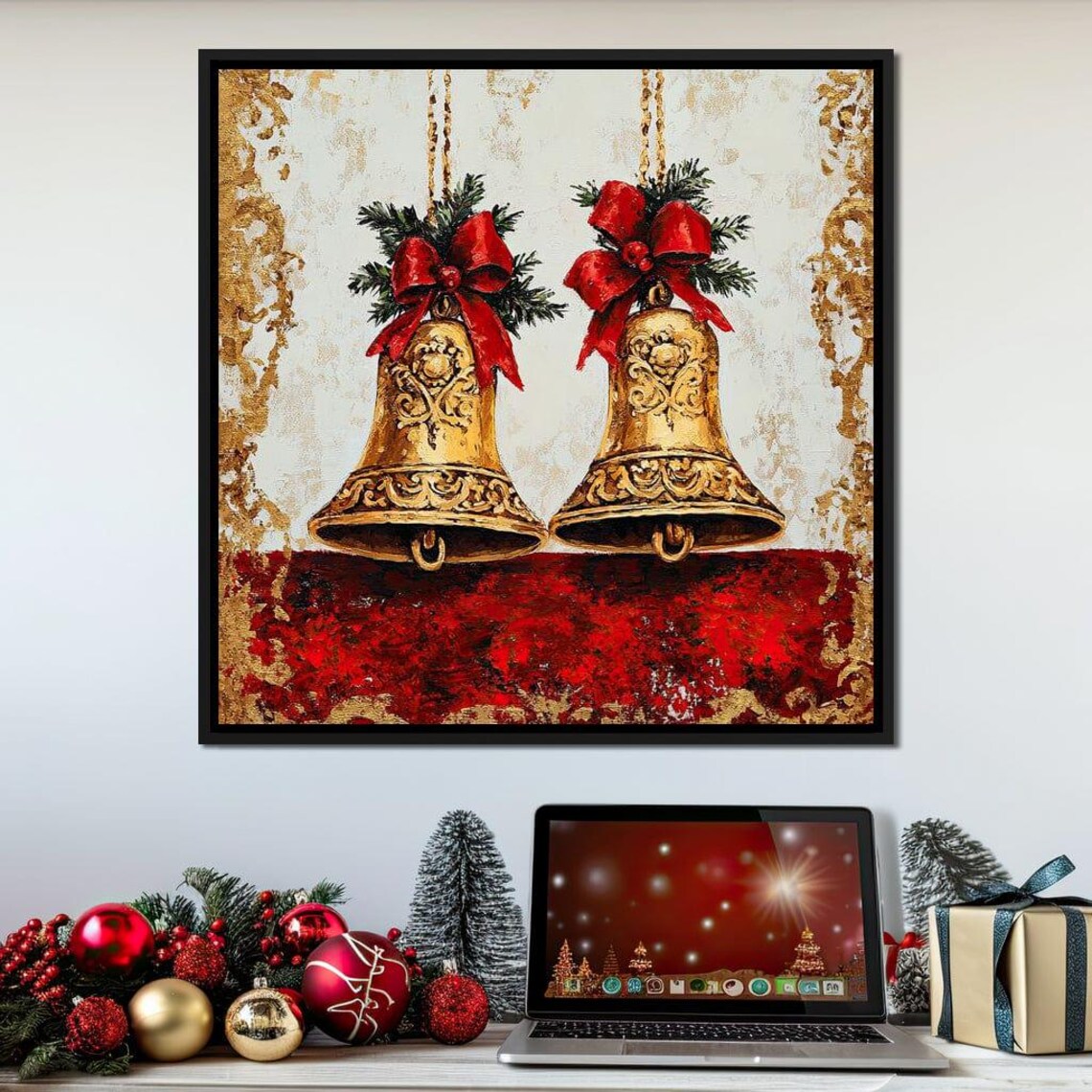 Ornate Golden Christmas Bells With Red Bows Red Gold Wall Art Poster - Image 3