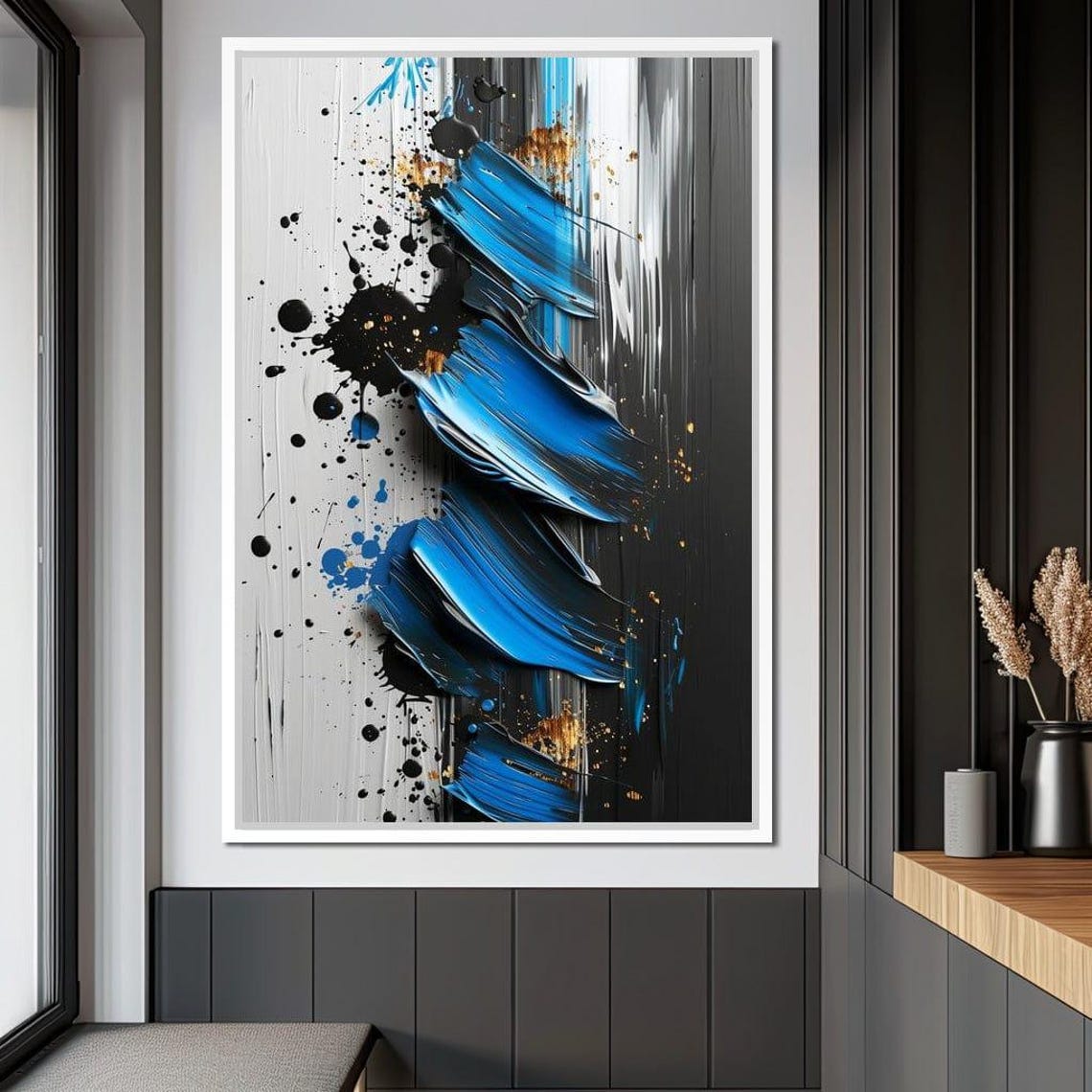 Blue Black White Abstract Art Bold 3D Brushstroke Splatter Wall Poster - Image 2