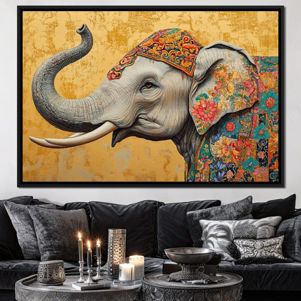 Elephant With Ornate Floral Headdress Gold Background Boho Art Poster