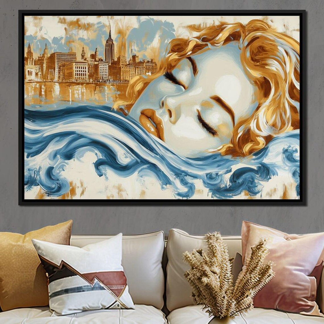 Sleeping Woman Golden Hair Ocean Waves Gold City Skyline Dream Poster