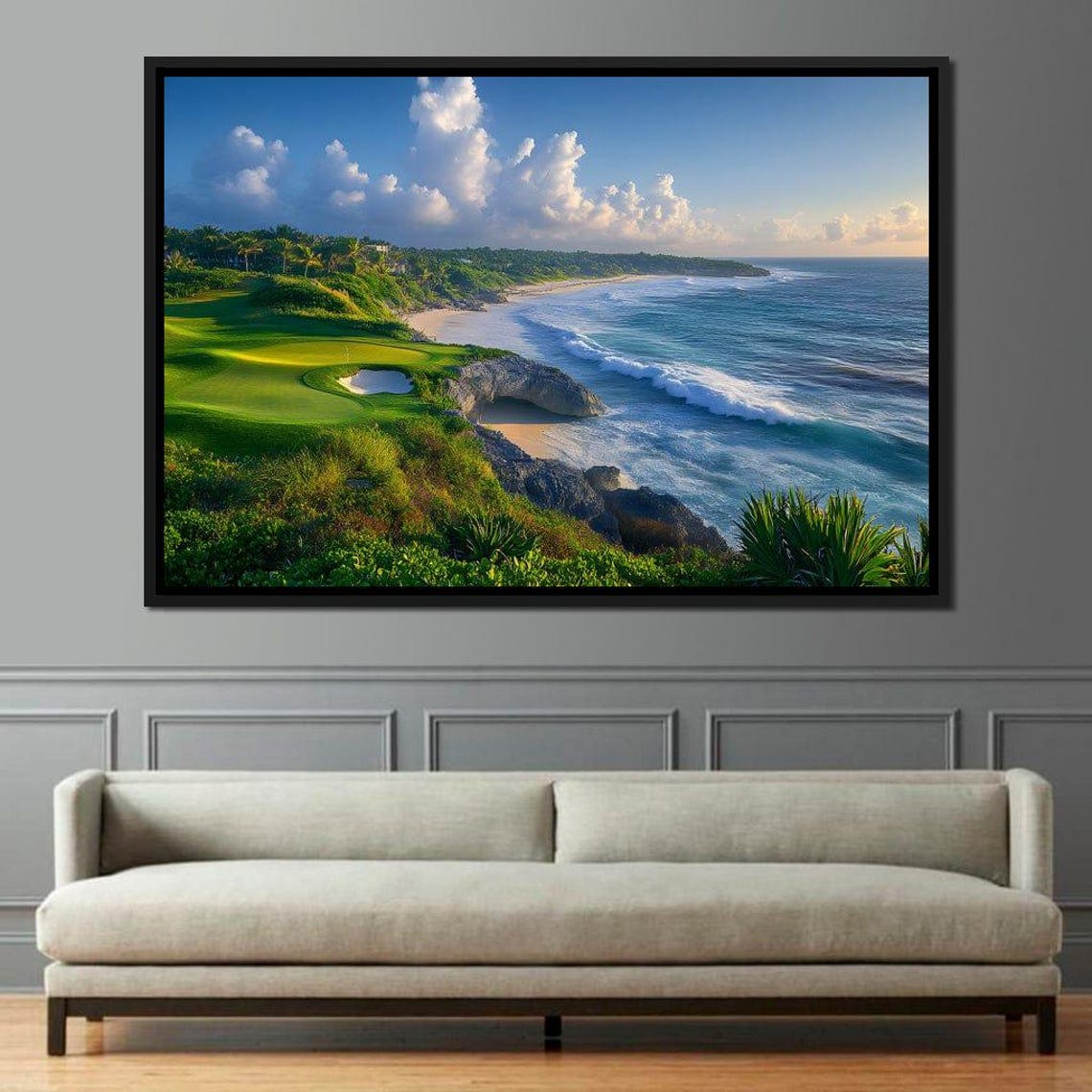 Coastal Golf Course Green Beside a Turquoise Ocean at Sunset Poster - Image 2