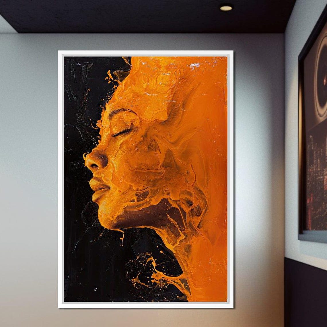Orange Flame Abstract Woman Profile Fiery Fluid Art Painting Poster - Image 3