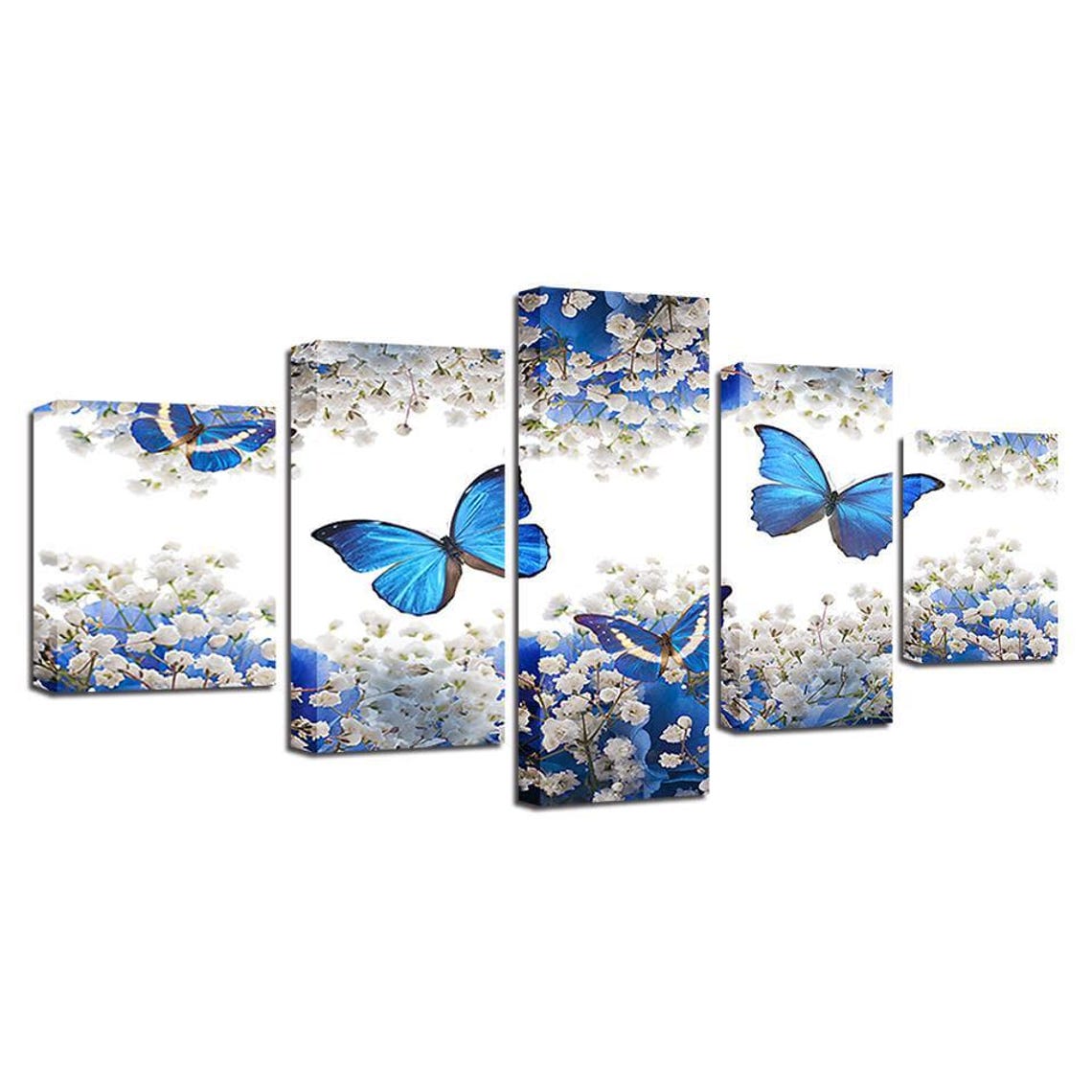 Flowers Butterflies Multi Panel Blue Butterfly Wall Art Modern Decor Botanical Print Nature Art By Nichecanvas - Image 3