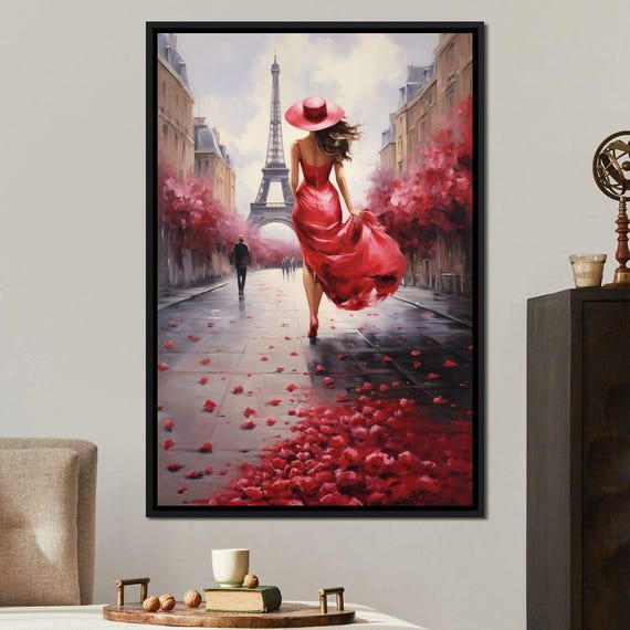 Mystery Elegance Cole Williams Eiffel Tower Art Red Dress Print Romantic Parisian Decor Fashion Inspired Wall Art By Nichecanvas
