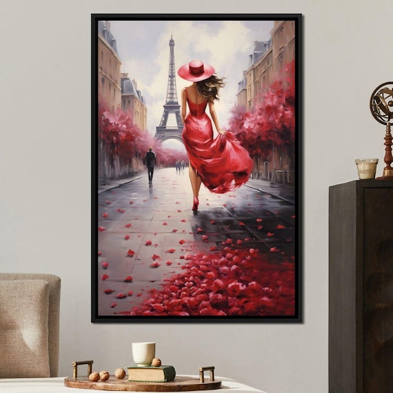 Paris Eiffel Tower Red Dress Woman Street Rose Petals Travel Poster