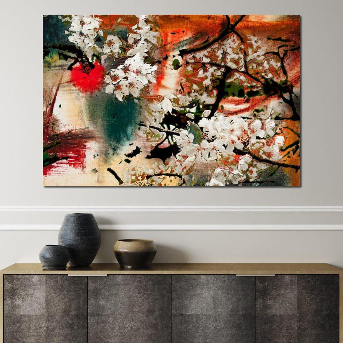 Red Orange Autumn Blossom Multi Panel Abstract Floral Canvas Wall Art - Image 3