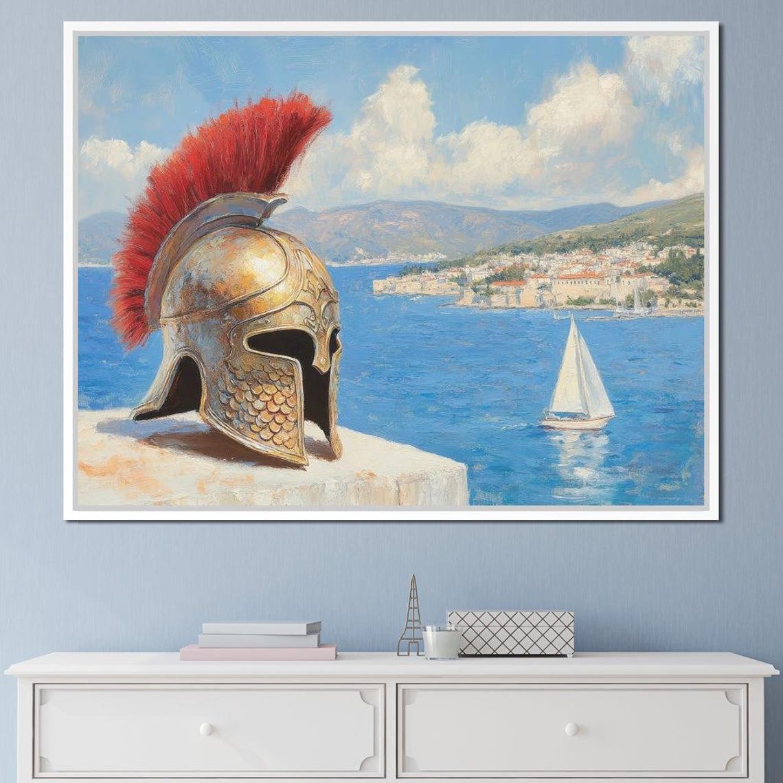 Spartan Helmet With Crimson Crest Above Blue Aegean Coastline Poster - Image 3