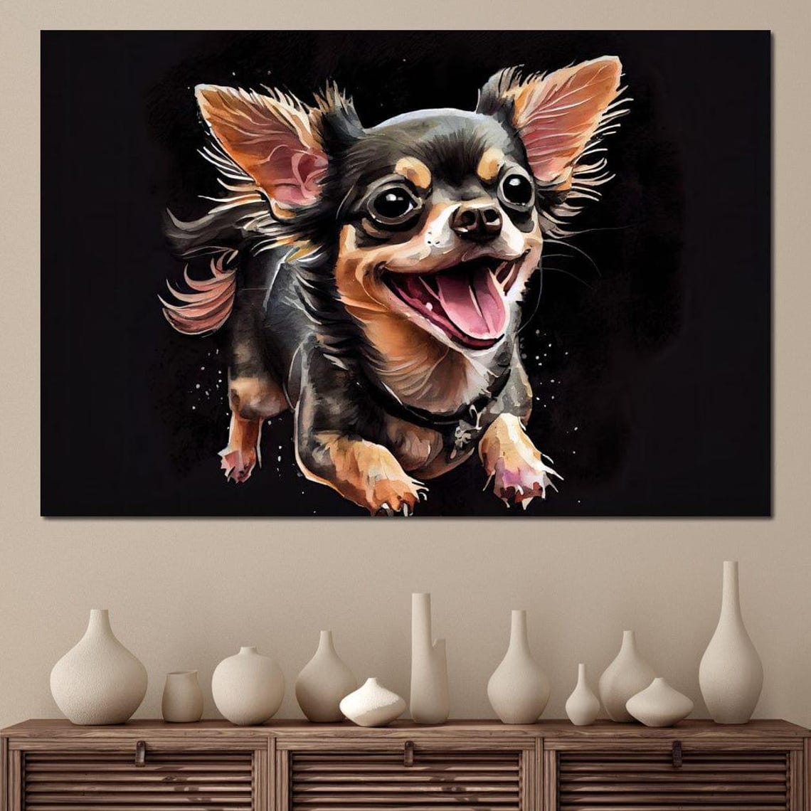 Happy Long Haired Chihuahua Jumping Joyful Puppy Dog Portrait Poster