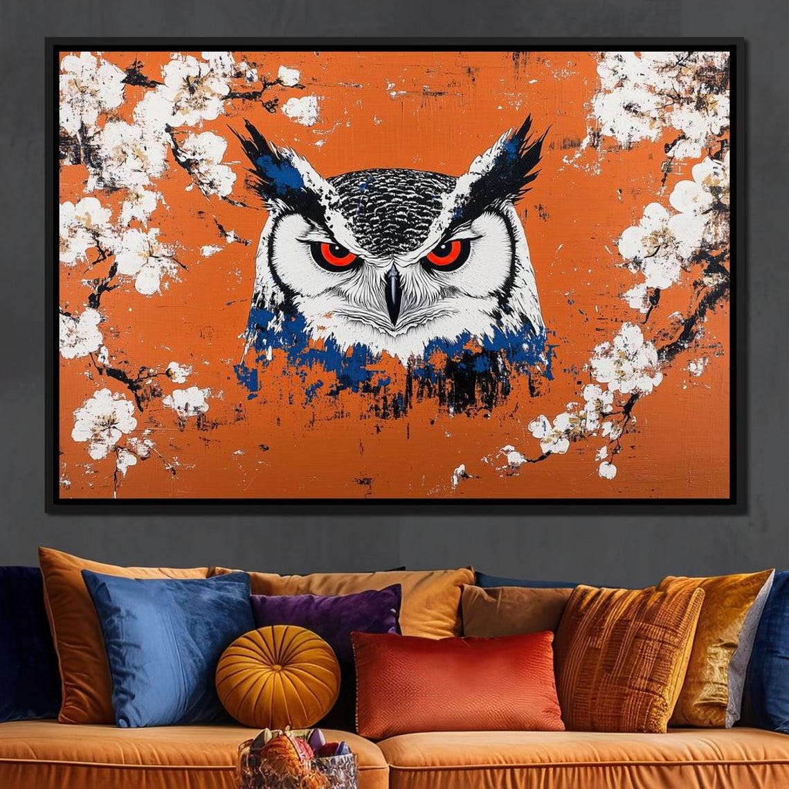 White Owl Red Eyes Cherry Blossom Orange Background Wildlife Wall Art - Image 4