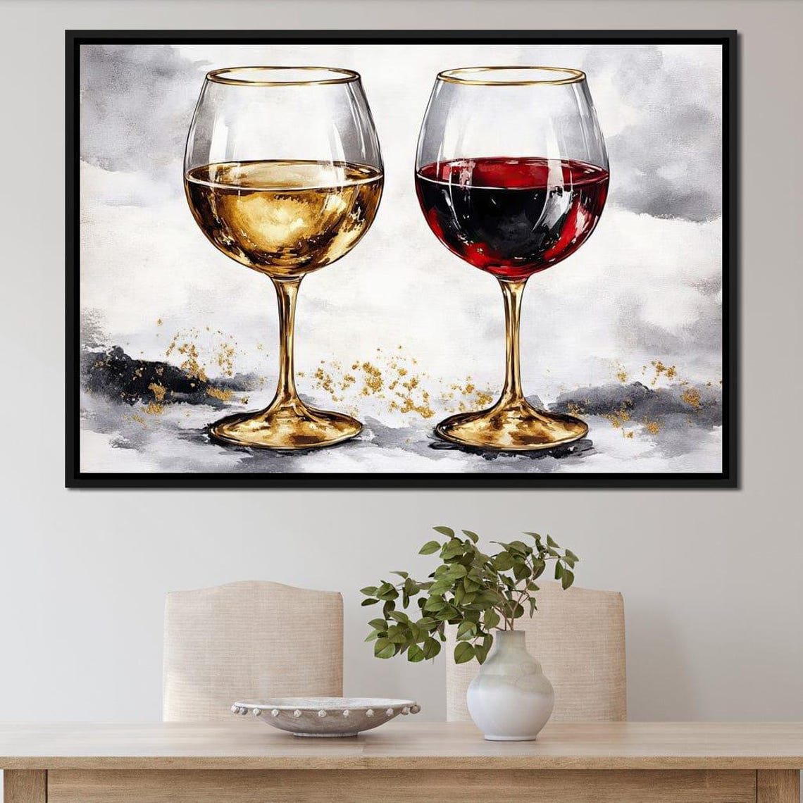 Red And White Wine Glasses Gold Accent Watercolor Kitchen Poster - Image 2