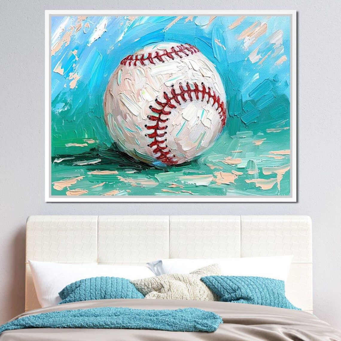 Baseball Oil Painting Teal Background Impasto Sports Art Wall Print