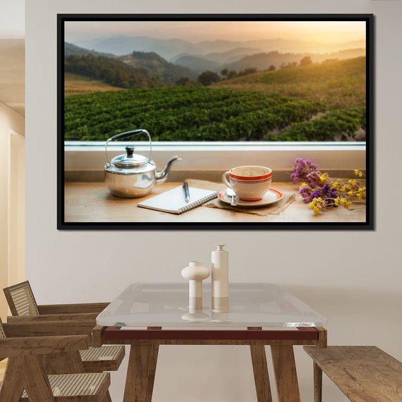 Coffee With A View Scenic Wall Art Morning Coffee Nature Inspired Cozy Kitchen Decor Sunset Scene Relaxing Space By Nichecanvas