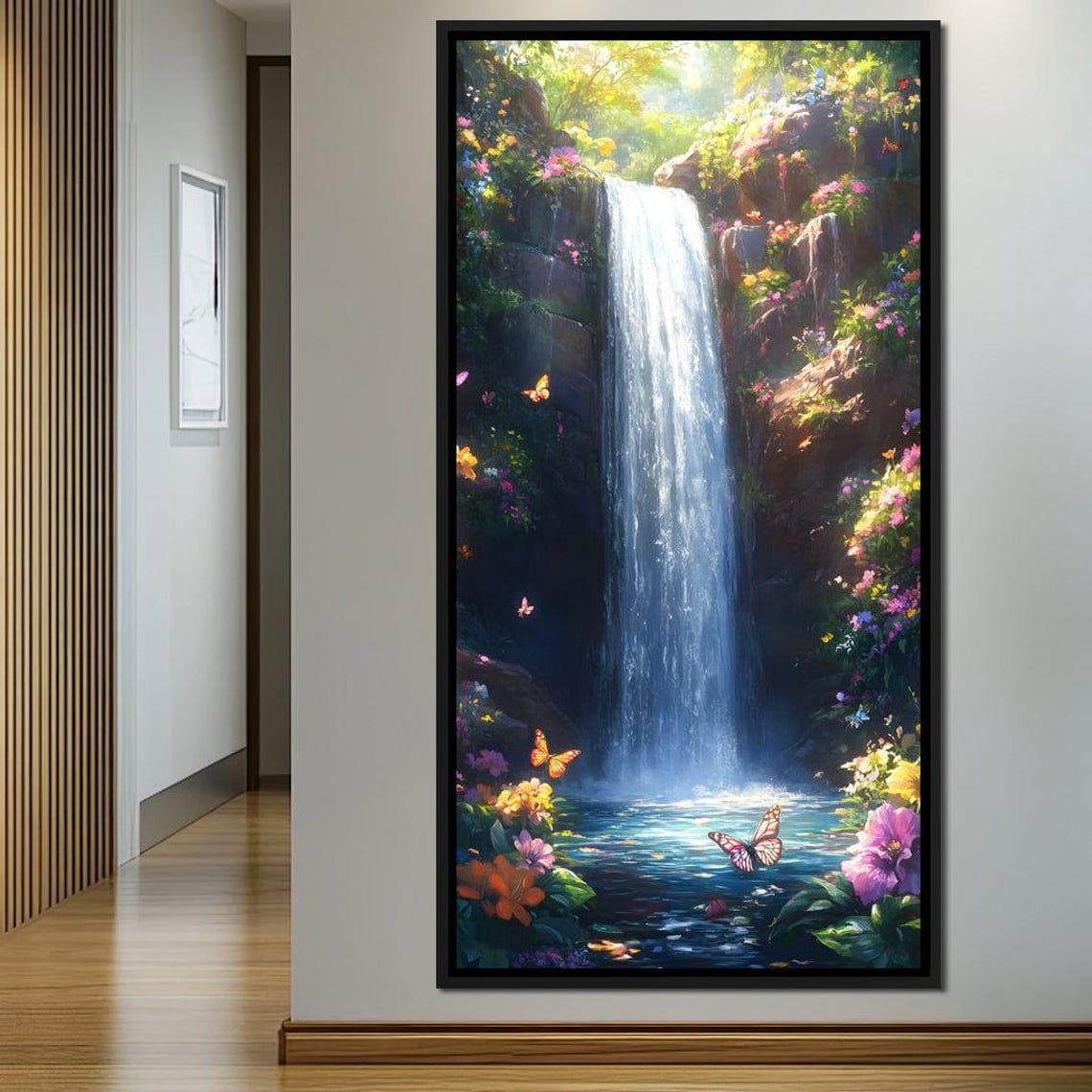 Hidden Waterfall with Butterflies and Tropical Flowers Wall Poster - Image 2