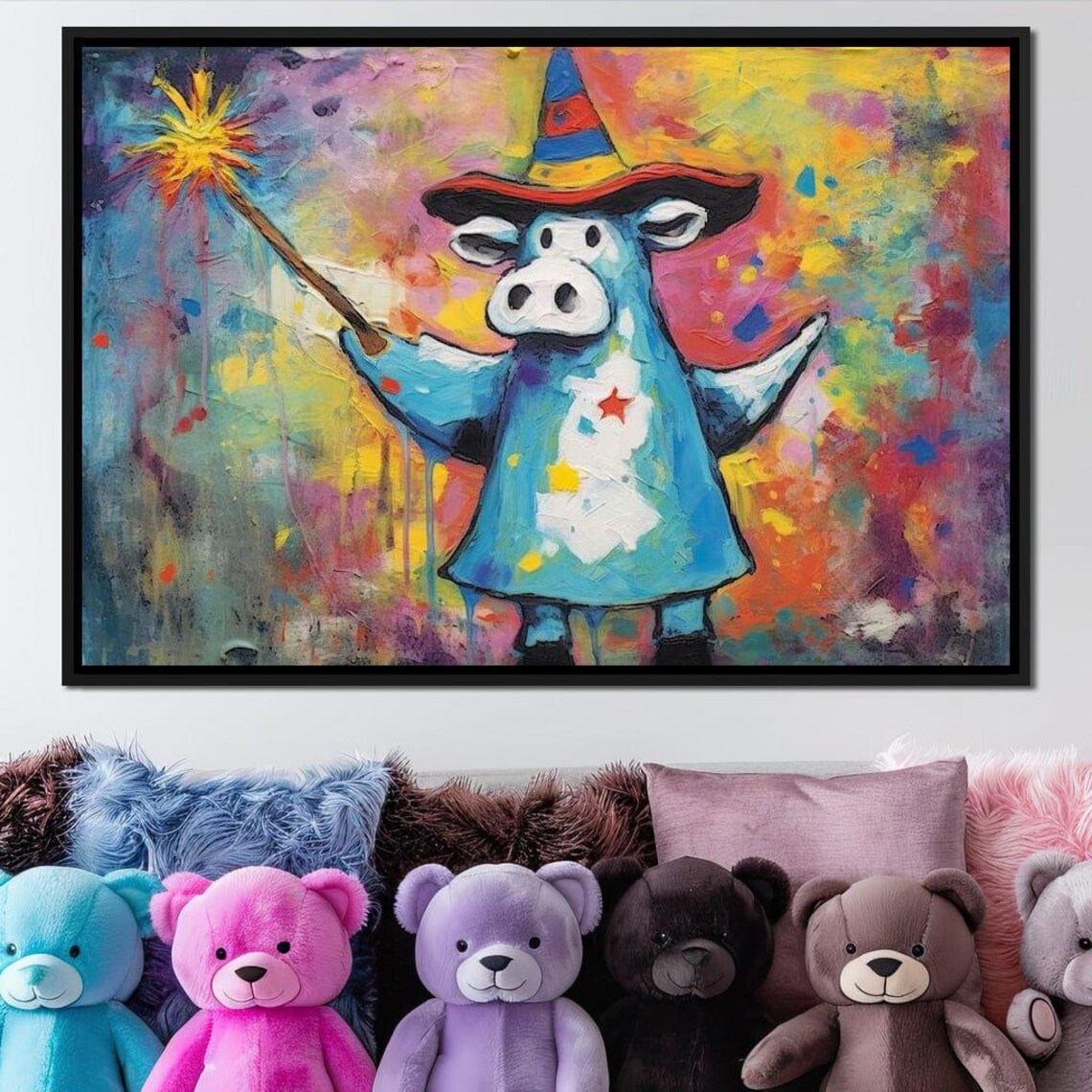 Whimsical Wizard Cow Magic Wand Colorful Fantasy Kids Wall Art - Image 4
