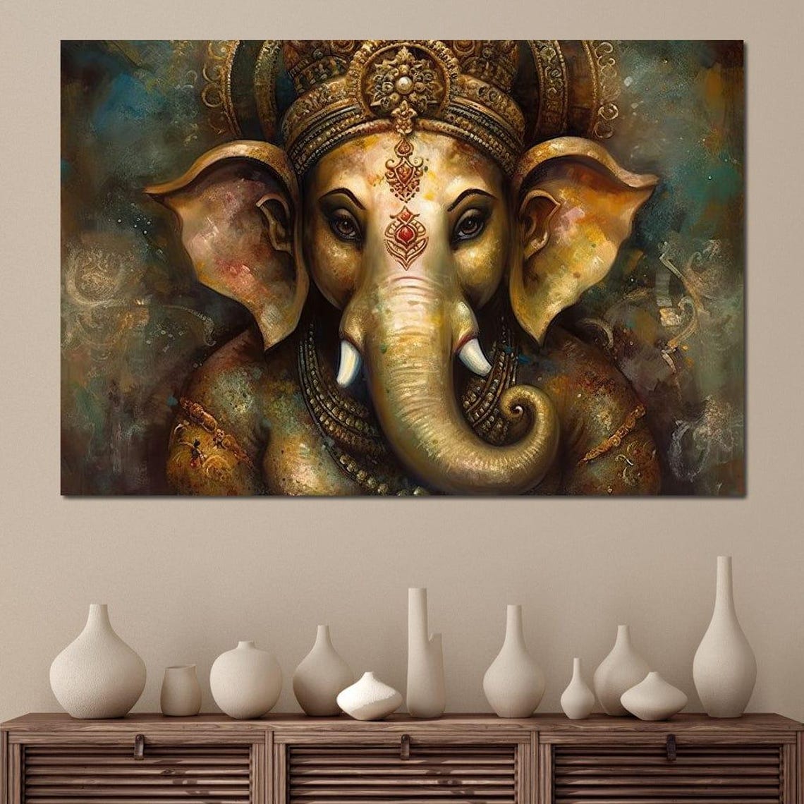 Golden Ganesha Face Close Up Ornate Crown Hindu Deity Spiritual Poster - Image 3