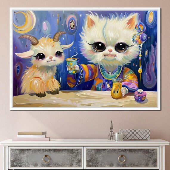 Fantasy Goat And Kitten Tea Party Cute Big Eyes Whimsical Kids Wall Art Poster