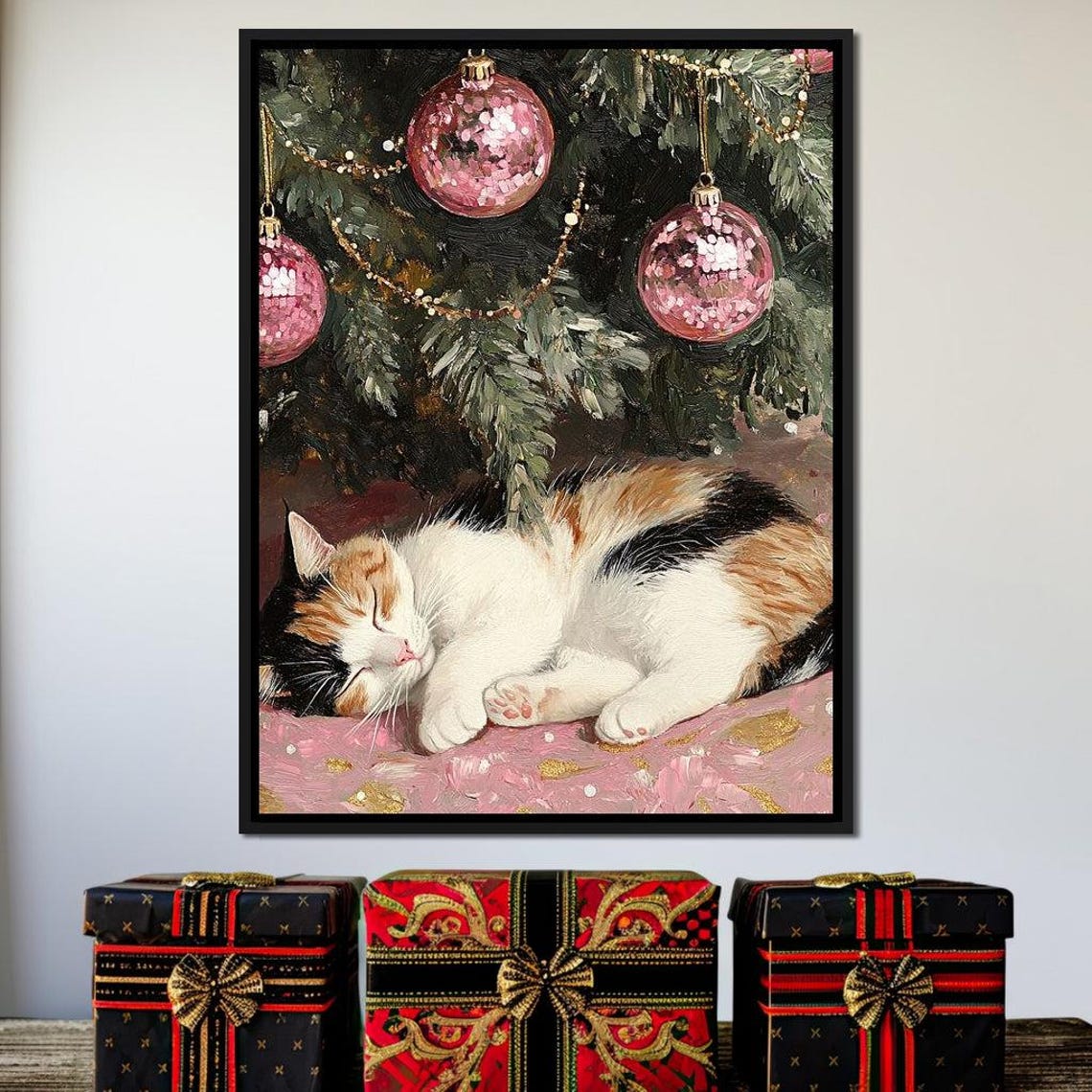 Calico Cat Sleeping Under Christmas Tree With Pink Ornaments Poster - Image 3