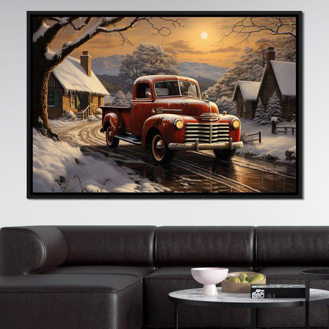 Old Red Truck Vintage Winter Farmhouse Classic Car Home Decor Snowy Landscape Art Holiday Truck Scene By Nichecanvas - Image 2