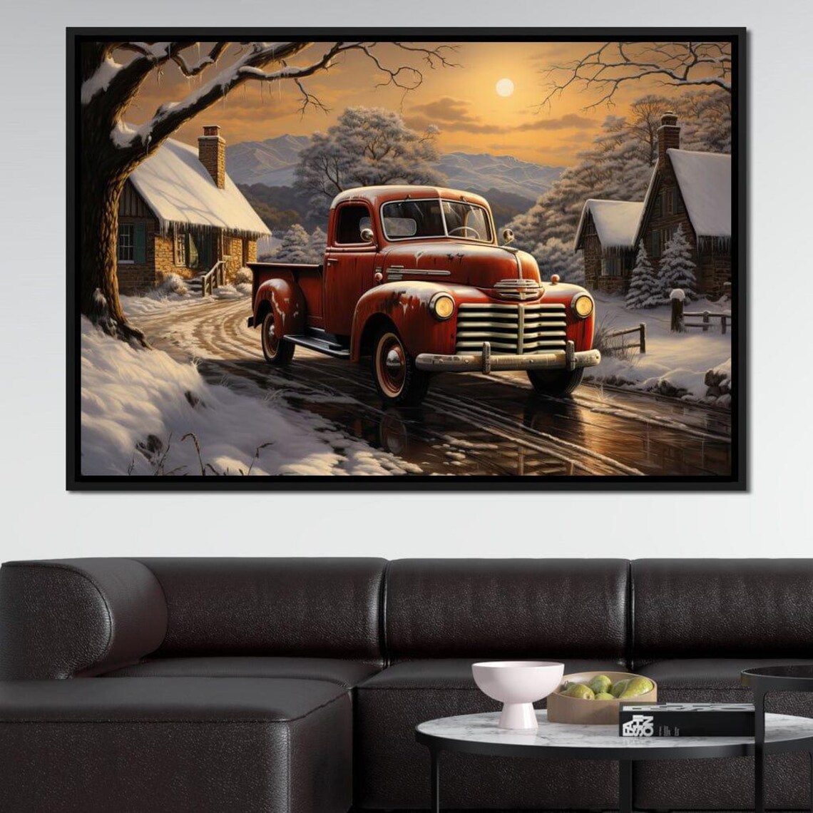Red Vintage Pickup Truck Snowy Village Sunset Winter Scene Art Print - Image 2