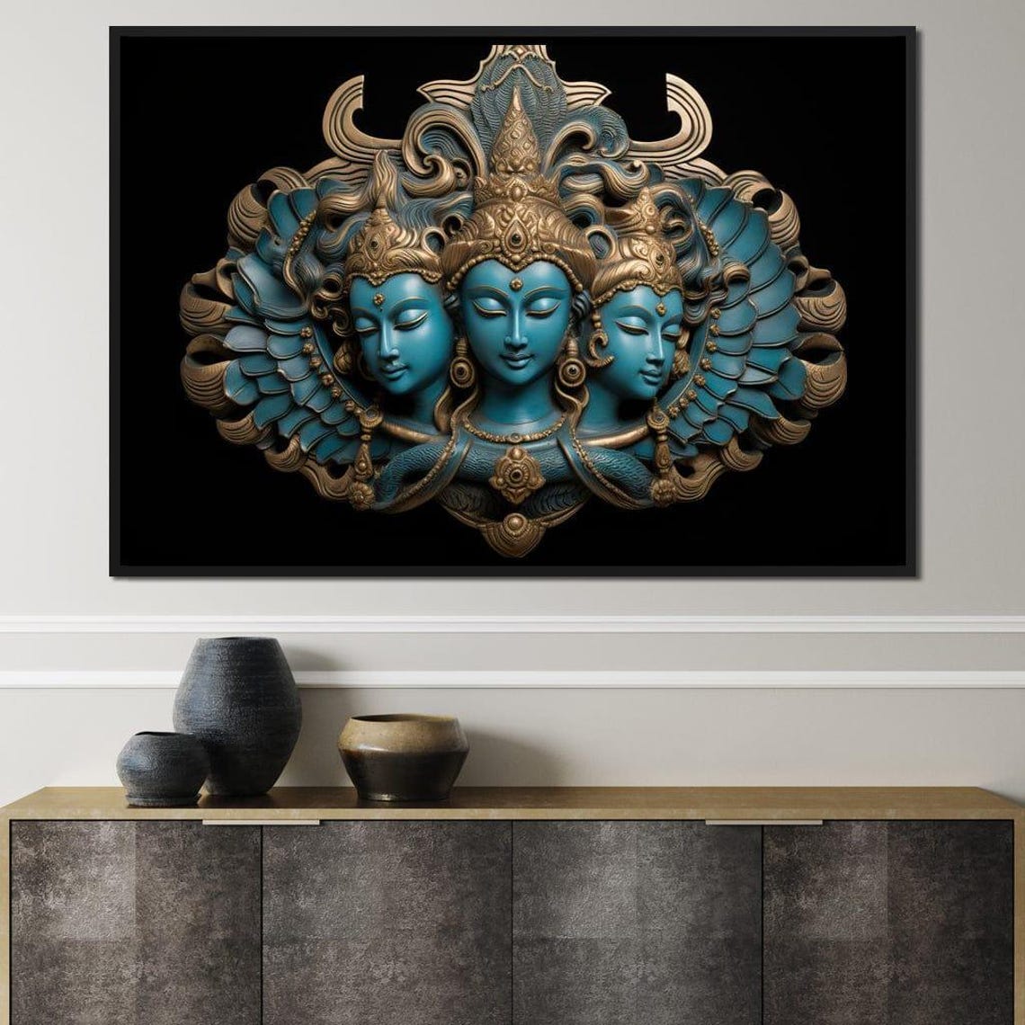 Blue Hindu Deities Five Panel Spiritual Gold Crown Wall Art Print - Image 2