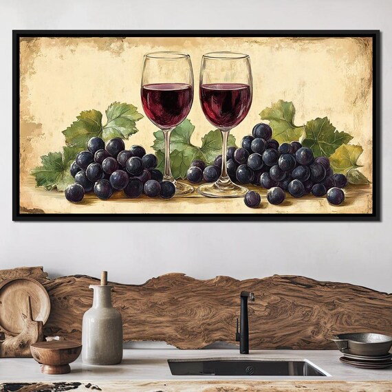 Red Wine Glasses Dark Grapes Vintage Still Life Kitchen Decor Art