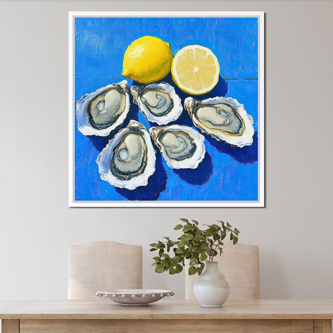 Fresh Oysters Lemon Blue Background Coastal Kitchen Wall Art - Image 2
