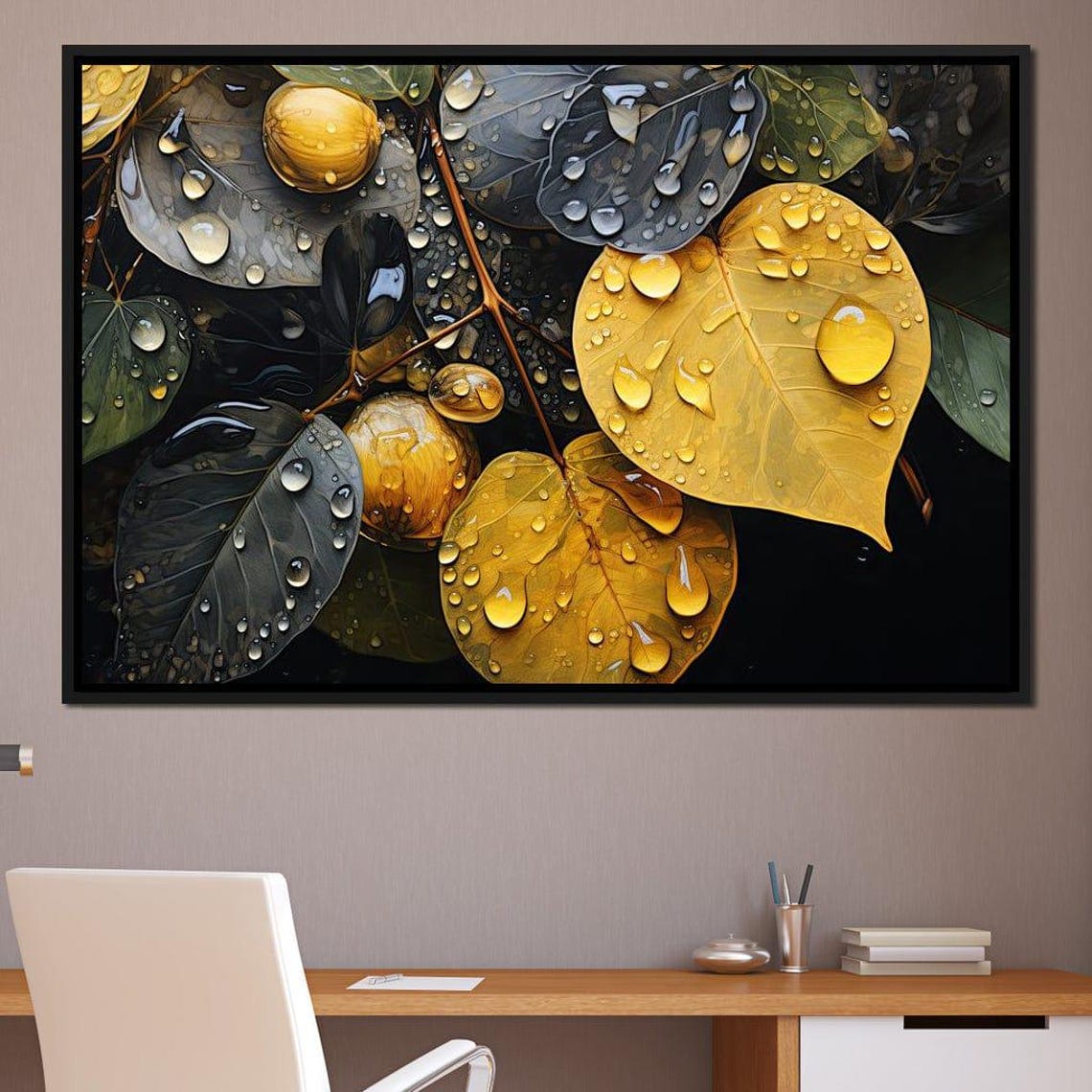 Golden Autumn Leaves Rain Drops Close Up Moody Botanical Poster - Image 3