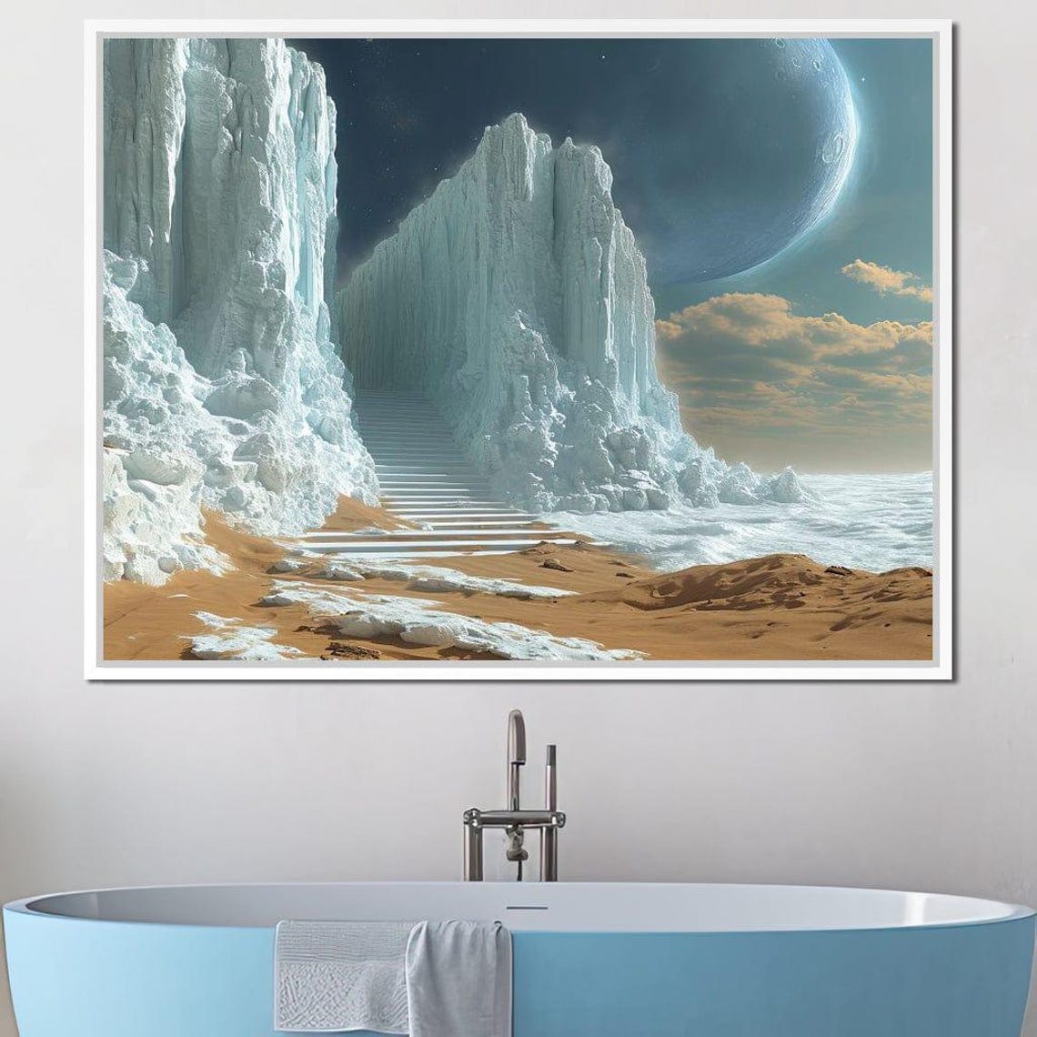Cosmic Ice Canyon Staircase Moon Planet Fantasy Landscape Wall Art - Image 3