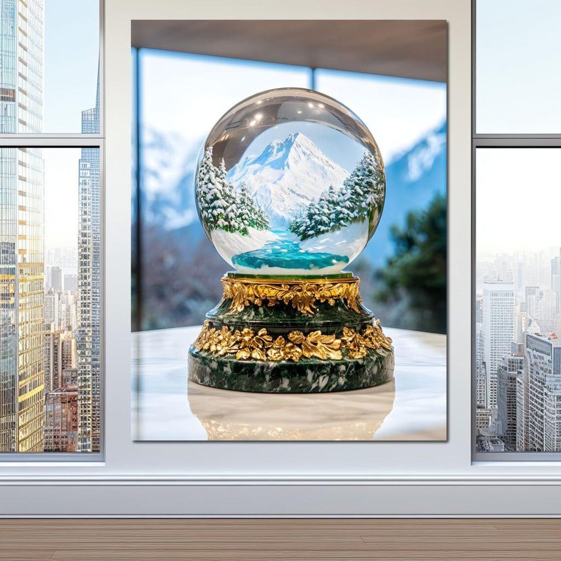 Snow Globe With Snowy Mountain Village And Golden Base Poster - Image 2
