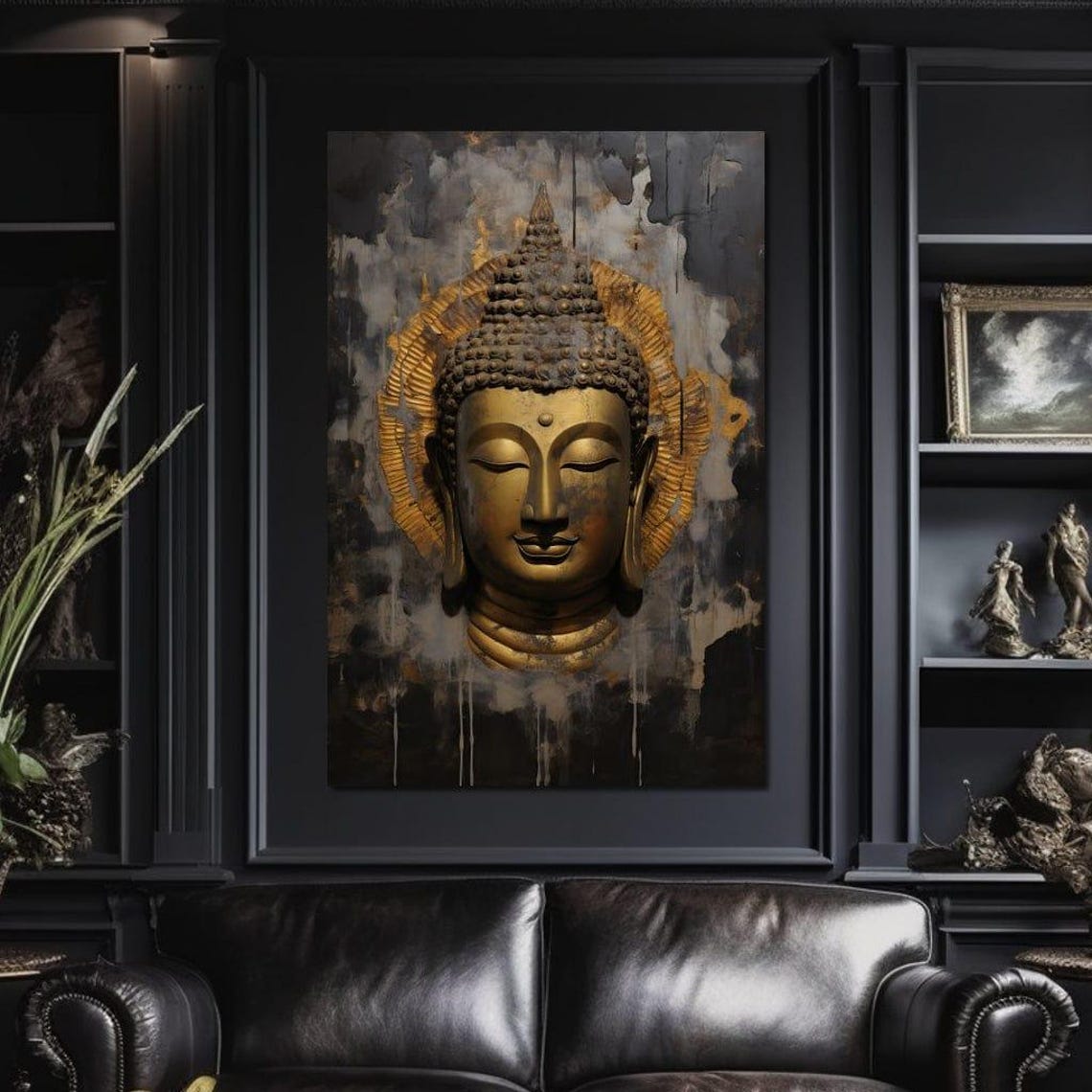 Golden Buddha Head Dark Abstract Zen Meditation Spiritual Wall Art - Image 3