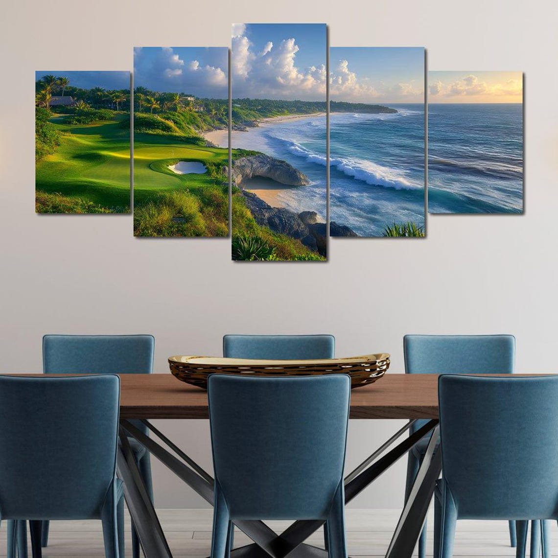 Coastal Golf Course Green Beside a Turquoise Ocean at Sunset Poster - Image 4