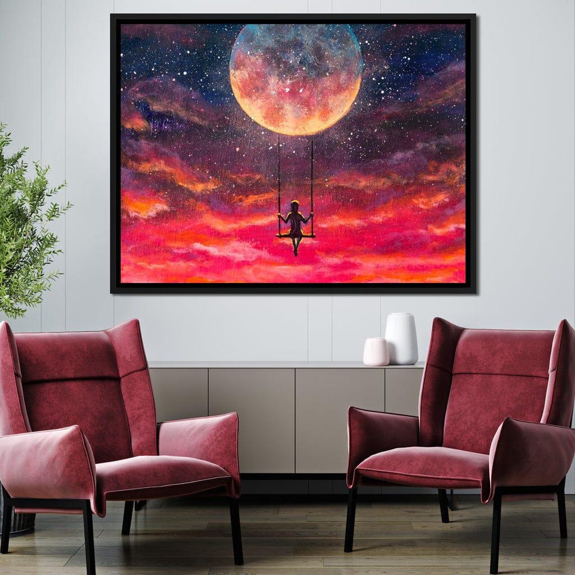 Girl Swinging From Giant Moon Starry Pink Sky Fantasy Dream Art Poster - Image 2